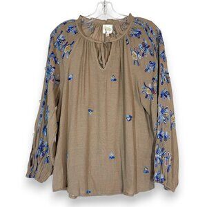 Fig and Flower Embroidered Boho Peasant Blouse Top Large Brown Blue Floral